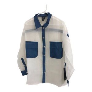 White sheer blue denim patch collared pocket cuff button‎ down shirt
